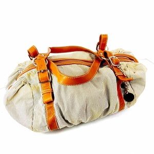 American Eagle Tan and White Stripe Zipper Shoulder Purse Duffle Bag Pink Lining